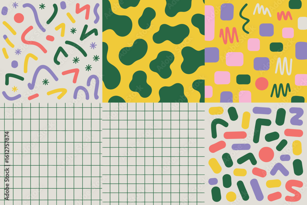 Poster a collage of six different patterns including grids, spots and abstract shapes in various colors
