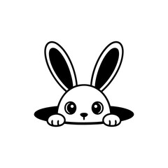 Cute rabbit peeking out of a hole silhouette vector illustration