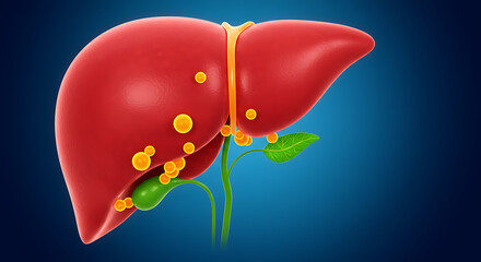 Scientific illustration of the liver, with visual elements that may indicate health or disease.


