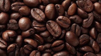 Obraz premium A close-up view of dark roasted coffee beans reveals their rich brown color and unique textures. The beans are scattered, emphasizing their natural shapes and sizes.