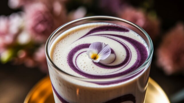 Taro milk latte tea with foam and flower
