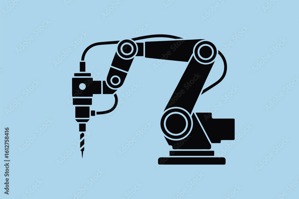 Poster a black robotic arm with a drill bit attached on a light blue background in a simple vector style