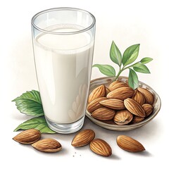 A glass of milk and some badam in a plate