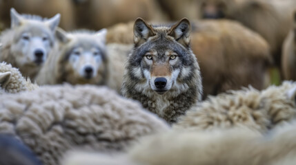 A wolf stands among sheep, perfectly blending into the flock. The image symbolizes deception, infiltration, and the hidden threat within.