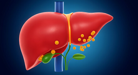 Medical illustration depicting the liver, gallbladder, and ducts on a blue background.

