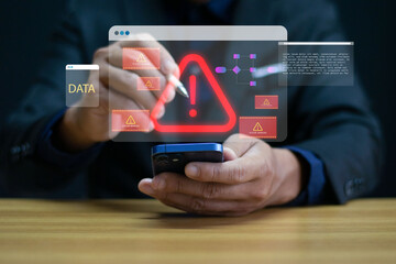 System alert on interface, cyber attack hazard, concept of cyber security risk, data breach,...