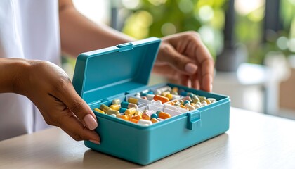 Person holding a teal pill box
