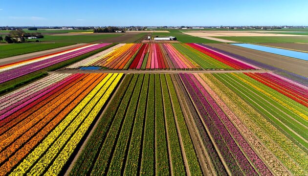 Aerial view of vibrant, parallel rows of colorful tulips in a vast field under a clear blue sky (1)