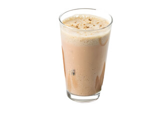Tall glass of iced coffee with foam and ice cubes on a black background