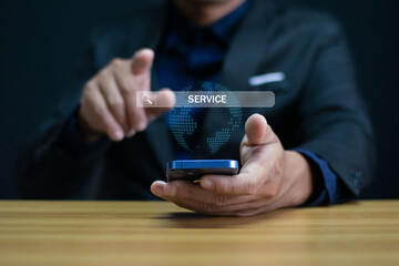 Customer Service and Support Businessman providing digital support with global communication icons...