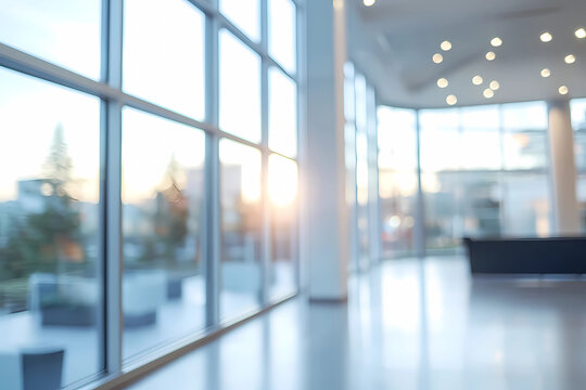 Beautiful blurred background of a light modern office interior with panoramic windows and beautiful lighting.
