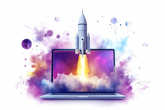 Launching Space Rocket From Laptop Screen.