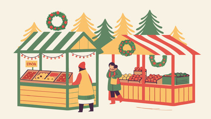 Charming Christmas Market Illustration: Festive Stalls, Winter Produce, Flat Design Style