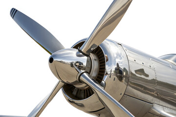 Aeroplane Propeller: A close-up view of a gleaming silver airplane propeller, showcasing its aerodynamic design and polished surface, set against a bright backdrop. 