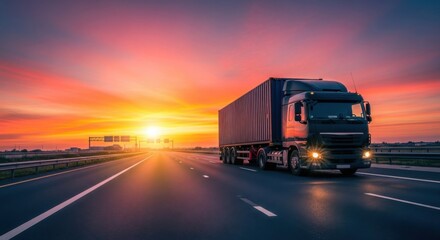 Powerful semi-trailer truck driving down the highway during a vibrant sunset with dramatic sky lighting up the road ahead