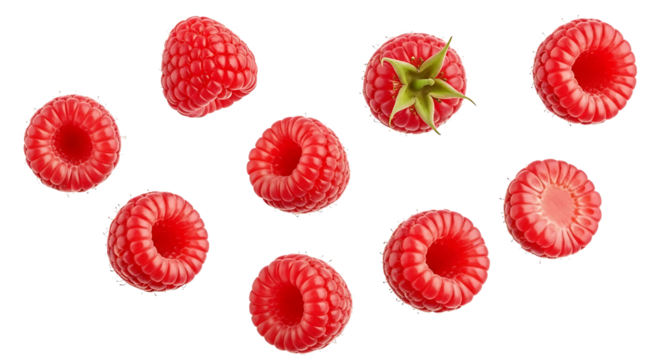 Fresh raspberries vibrant red hues and one with green sepals arranged in a scattered composition.
