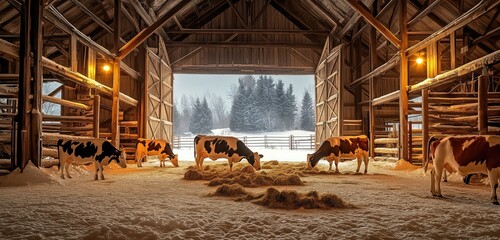 A winter dairy barn scene with warm indoor lighting, cows comfortably feeding on dry hay, snow visible outside through large open barn doors, wooden beams creating a rustic atmosphere.
