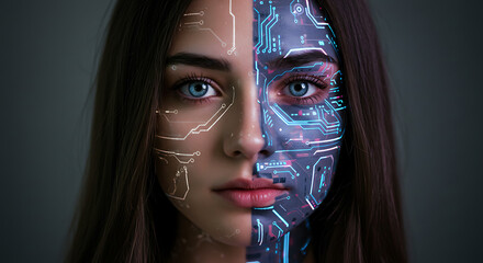 A woman's face split, showcasing a human side and a digital circuit board side, with glowing lines.