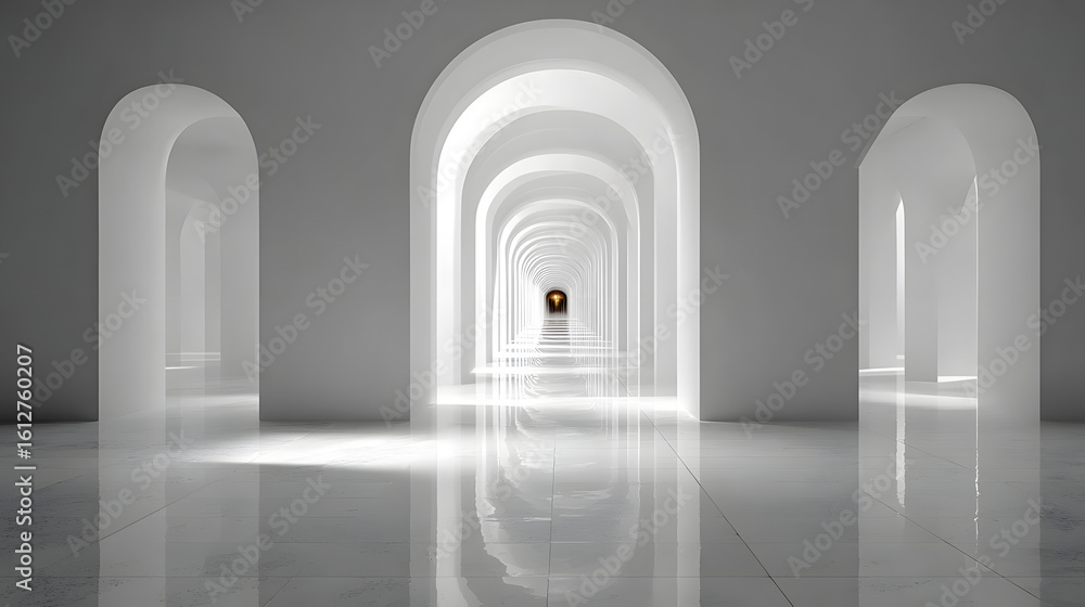 Poster abstract white hallway with receding perspective, creating a sense of depth and infinity.