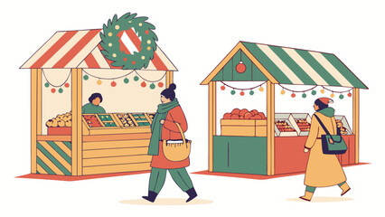 Charming Christmas Market Illustration: Festive Stalls, Shoppers, and Holiday Cheer in a Vintage Style