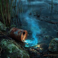 Crushed steel can leaking glowing mist in moonlit marsh, surreal wetland scene, eerie atmosphere, sci-fi nature fusion, abandoned object with supernatural glow, cinematic composition
