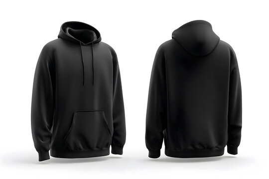 Mockup photo of front and back view of a black hoodie with an isolated white background