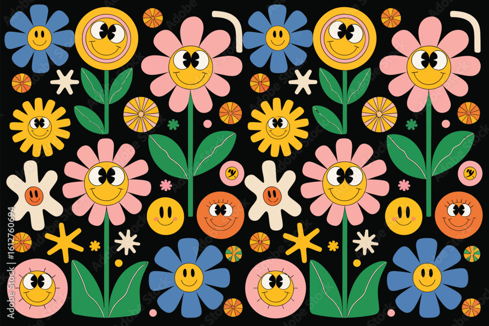 Poster a retro pattern featuring smiling flowers and abstract shapes on a black background in a groovy styl