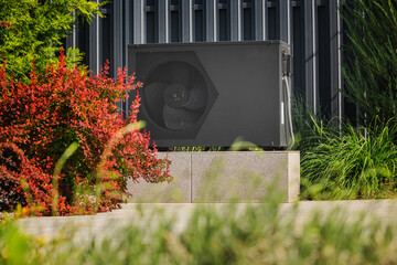 Modern outdoor heat pump unit near a metal wall, surrounded by green and red garden plants in a...