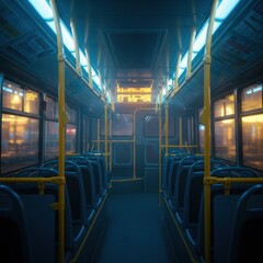 Empty City Bus Interior at Night with Neon Lights and Reflections