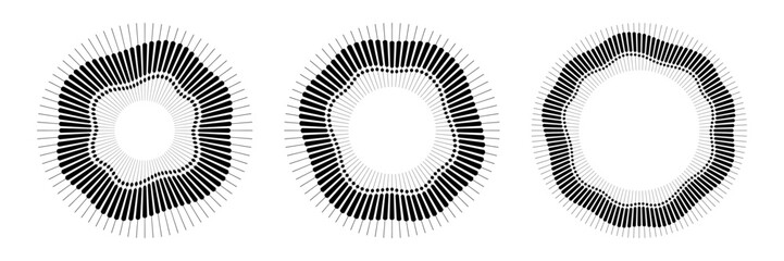 Set of abstract vector elements. Radial black concentric particles. Rings of short rays and dots with wavy silhouette isolated white background. Organic forms. Vector illustration.