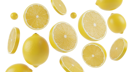 Freshly sliced and whole lemons floating in a vibrant appetizing arrangement.