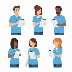 Diverse group of male and female healthcare professionals, nurses, or doctors in scrubs, holding clipboards and writing, isolated on white.