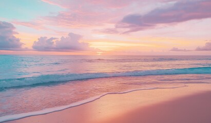 Beautiful pink sunset on paradise beach with pastel colors and dreamy Caribbean seascape