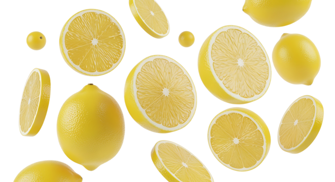 Freshly sliced and whole lemons floating in a vibrant appetizing arrangement.