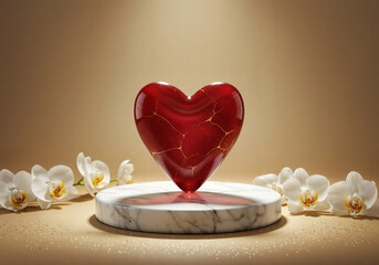 crystal heart on a granite podium . Generative AI