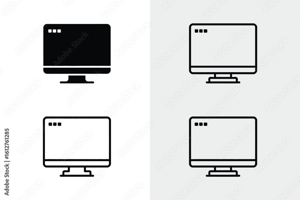Poster four computer monitor icons in different styles and shades on a light gray and white gradient backgr
