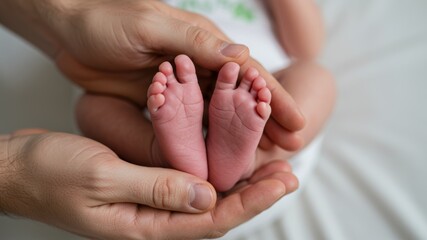 Father gently holding the tiny feet of a newborn baby