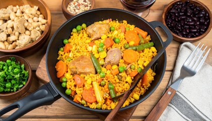 Paella-style rice dish with meat, vegetables, and wooden utensils on a rustic wooden table
