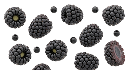 Glossy blackberries and small black spheres arranged in a scattered pattern.
