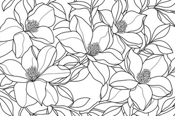 Kids&rsquo; coloring page of magnolia flowers on a branch with thick lines, low detail, black and white, no shading, and white background
