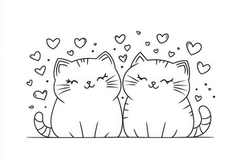 Cute cartoon cat couple in simple doodle single-line style with love hearts, minimal details, and white background for coloring book pages