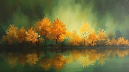 油絵で描かれた水面に映る黄金色の木々
