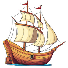 Cartoonish Wooden Sailing Ship with Beige Sails and Red Flags