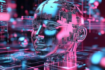 Highly detailed futuristic digital human head sculpture with glowing neon circuit patterns and virtual reality technology elements