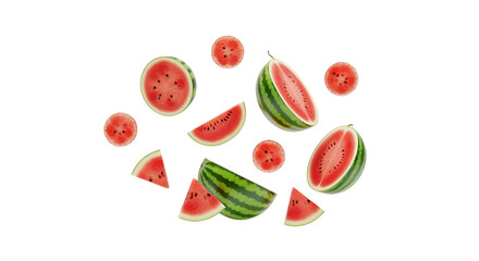 Naklejka premium Juicy Watermelon Slices and Halves in Dynamic Flight.