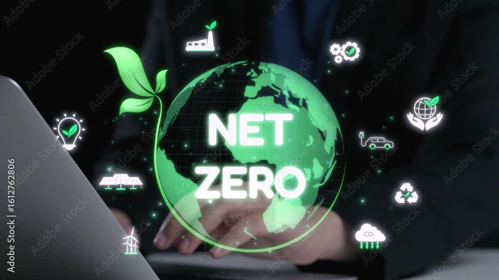 Poster this captivating image showcases the net zero concept through a glowing globe and various environmen