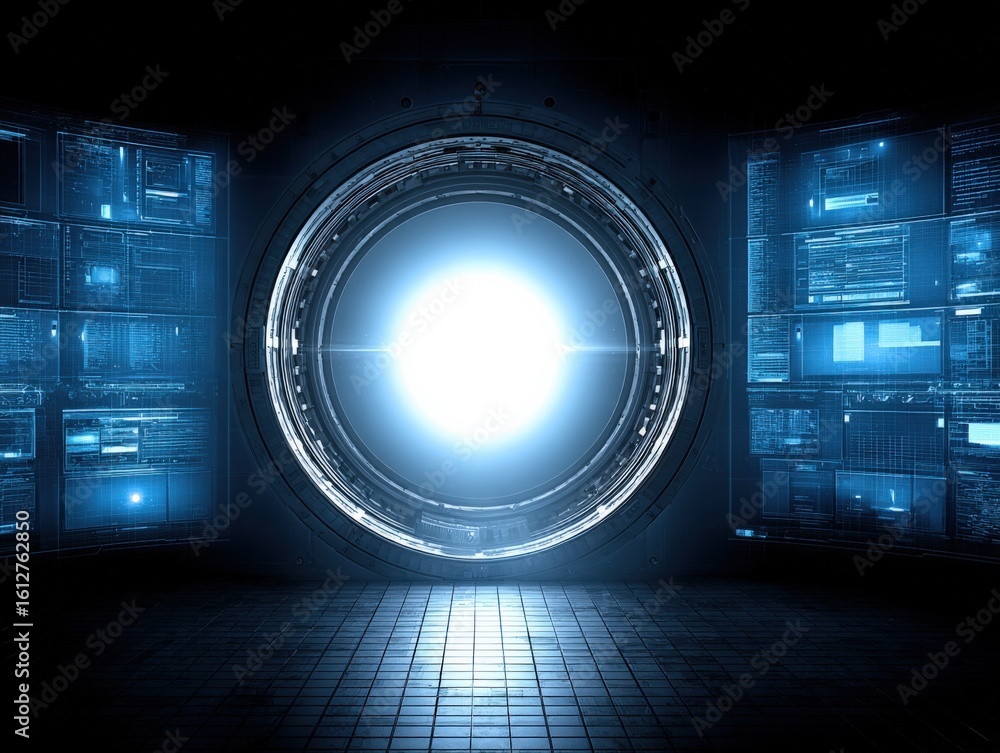 Poster futuristic digital technology interface with glowing portal and high-tech data screens in a dark cyb