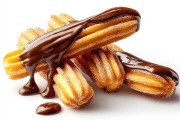 Delicious crispy sugared churros topped with smooth melted chocolate sauce on a white background perfect for dessert and snack photography