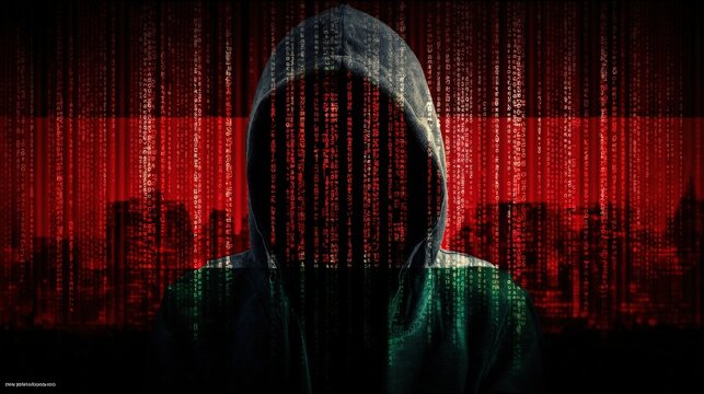 Mysterious hooded figure with blank face behind digital code streaming in a dark red technological environment representing cybercrime or hacking concept
