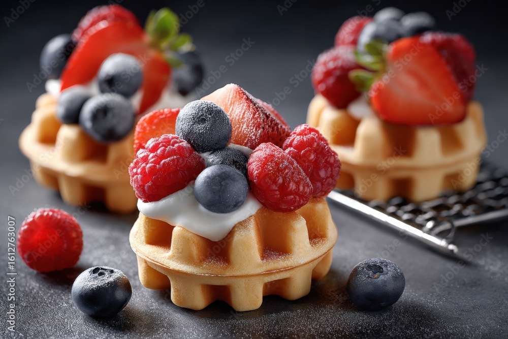 Poster delicious beian-style waffle topped with fresh mixed berries and creamy yogurt on a rustic dark back